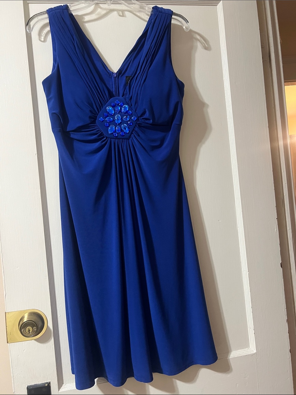 Scarlett Nite Cobalt Blue Sleeveless V-Neck Midi Dress with Jewel Medallion